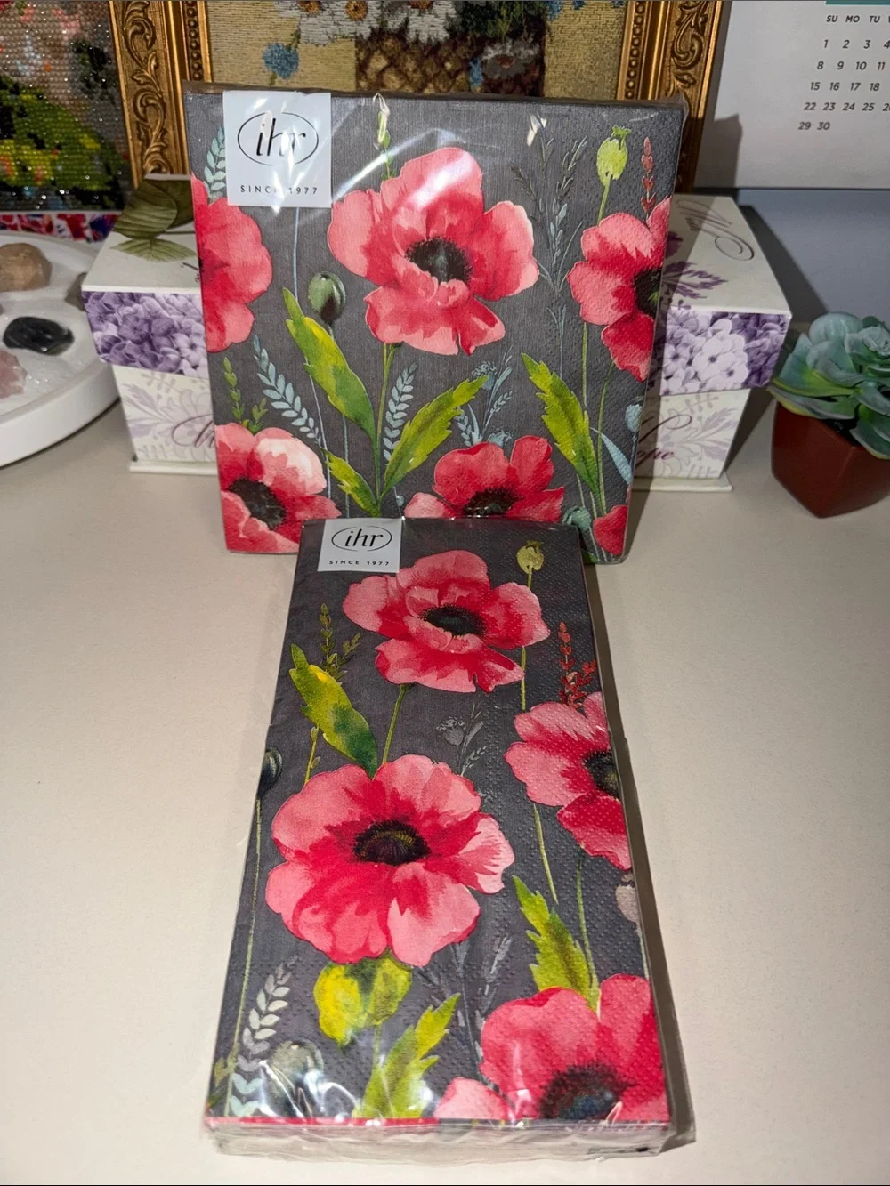 ihr Gray Red Green Field Poppy Matching Square & Rectangular Lunch Napkins
